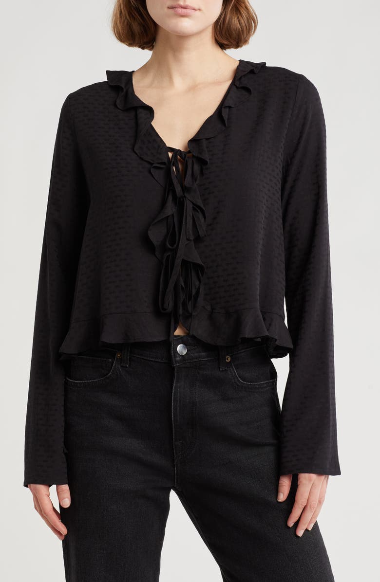 Melrose and Market Ruffle Front Tie Long Sleeve Top, Main, color, Black