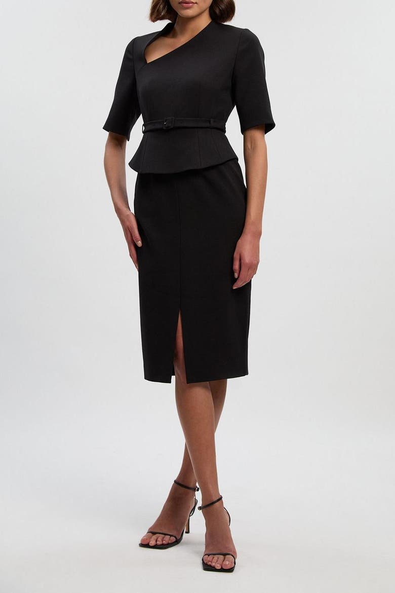 Asymmetric Neck Belted Pencil Midi Dress, Alternate, color, Black