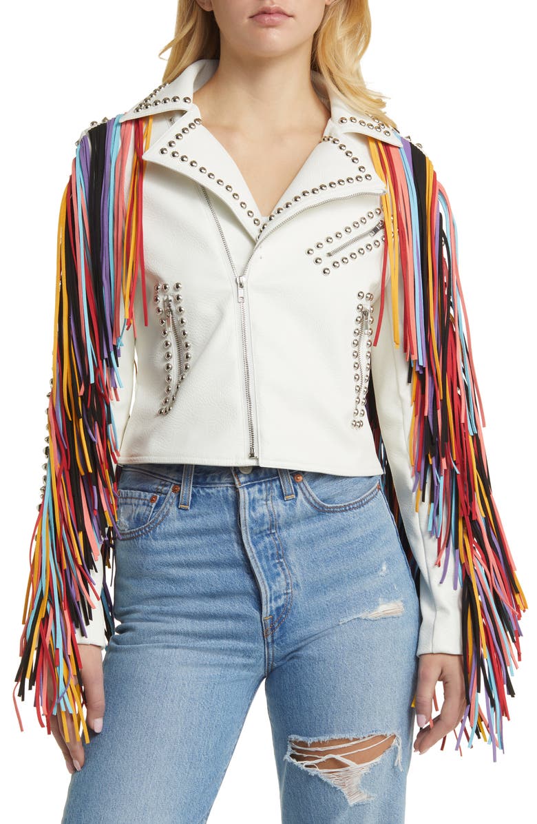 AZALEA WANG Rainbow Fringe Stud Detail Faux Leather Moto Jacket, Alternate, color, White Multi