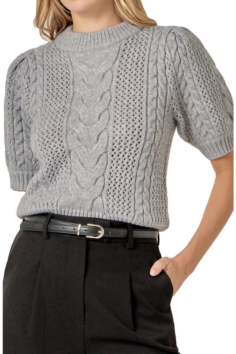 Puff Sleeve Cable Knit Sweater, Alternate, color, GREY