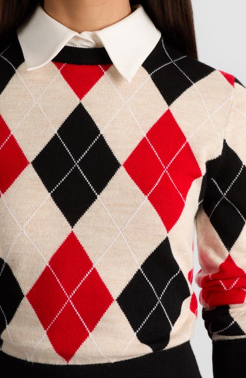 Alice And Olivia Carolann Collared Argyle Sweater In Neutral
