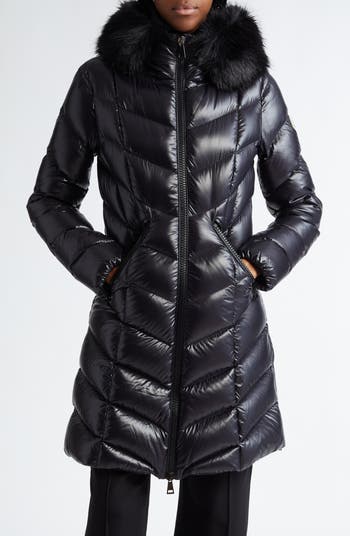 Moncler Fulmarus Long Down Jacket with Faux Fur Trim Black