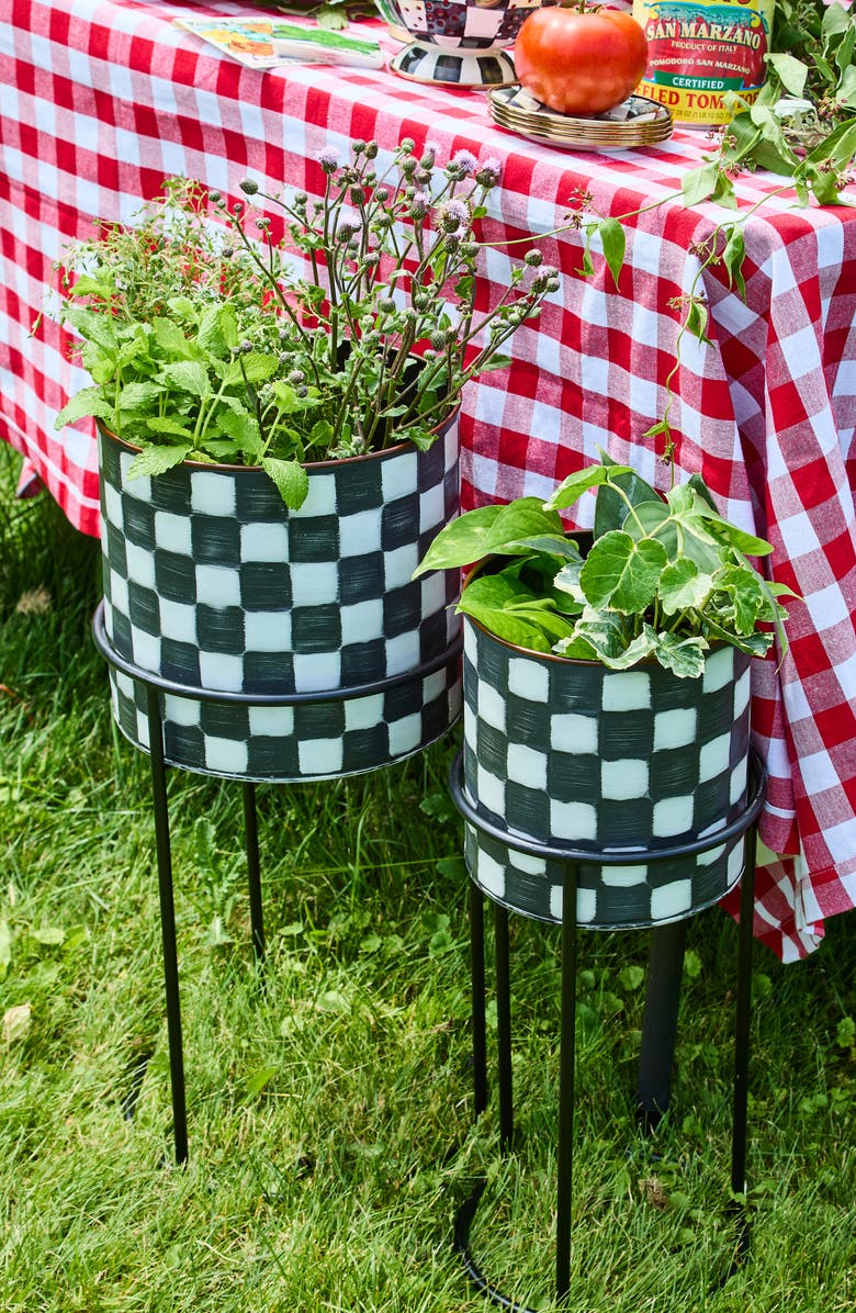 MACKENZIE CHILDS Check It Out Set of 2 Planters & Stands, Alternate, color, Black