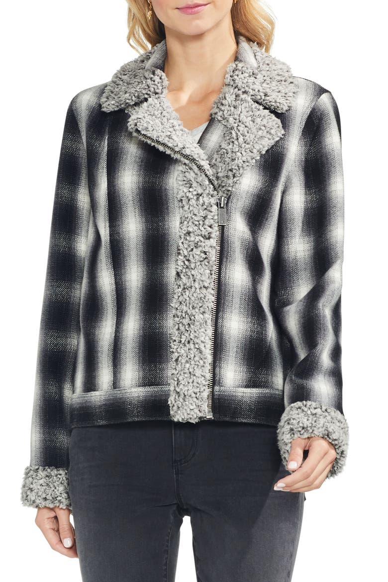 Faux Shearling Trim Plaid Jacket, Main, color, RICH BLACK