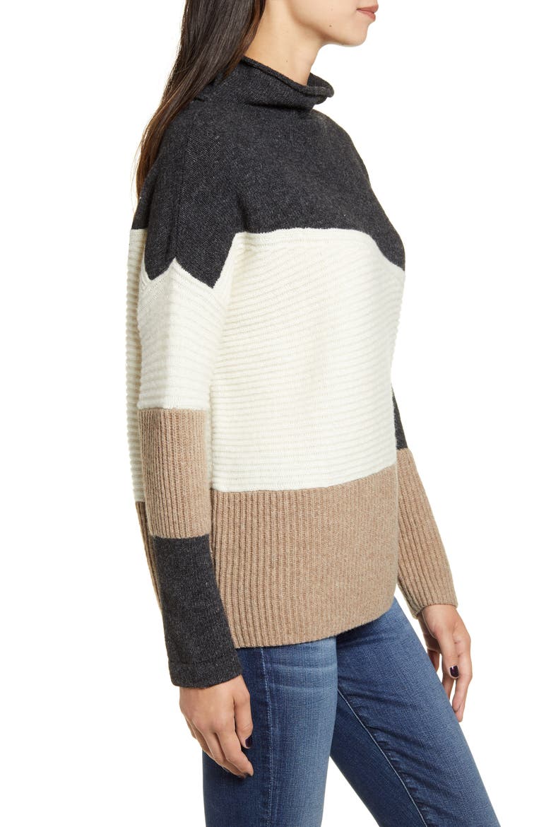 Patchwork Funnel Neck Sweater, Alternate, color, MOCHA MOUSSE MULTI
