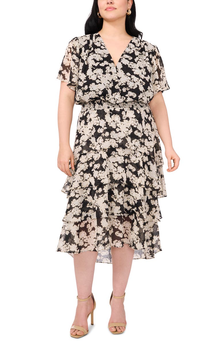 Vince Camuto Floral Tiered Flutter Sleeve Midi Dress, Main, color, Rich Black