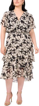 Vince Camuto Floral Tiered Flutter Sleeve Midi Dress