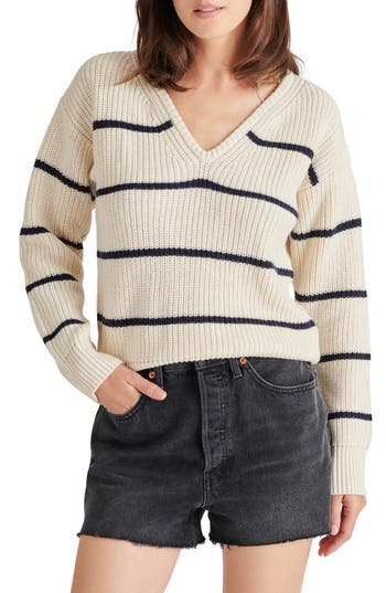 Steve Madden Kaitlyn Stripe V-neck Sweater In White