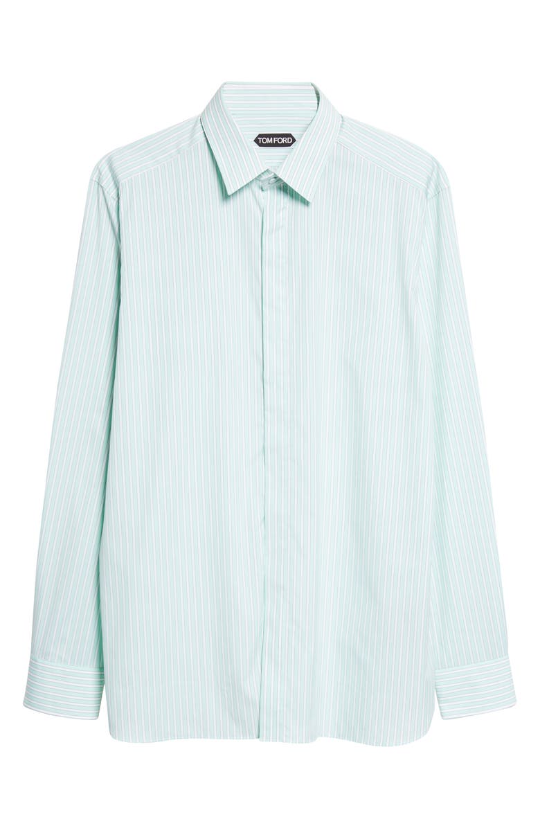 TOM FORD Classic Fit Stripe Natural Stretch Cotton Button-Up Shirt, Alternate, color, Combo White/ Green