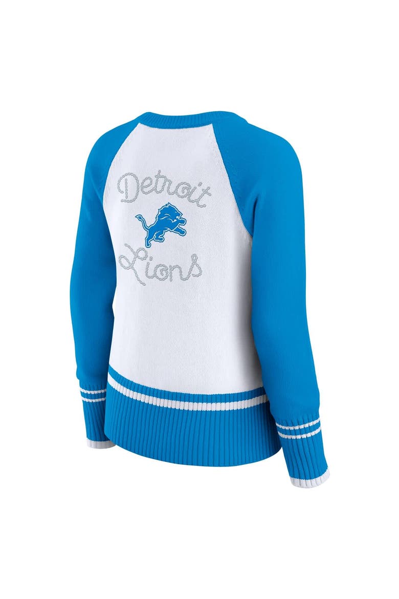 Women's WEAR by Erin Andrews White/Blue Detroit Lions Colorblock Raglan Sweater, Alternate, color, White