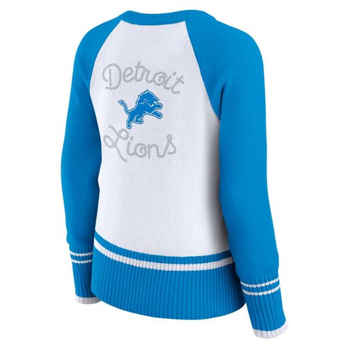 Wear By Erin Andrews Women's White/blue Detroit Lions Color Block Raglan Sweater In White