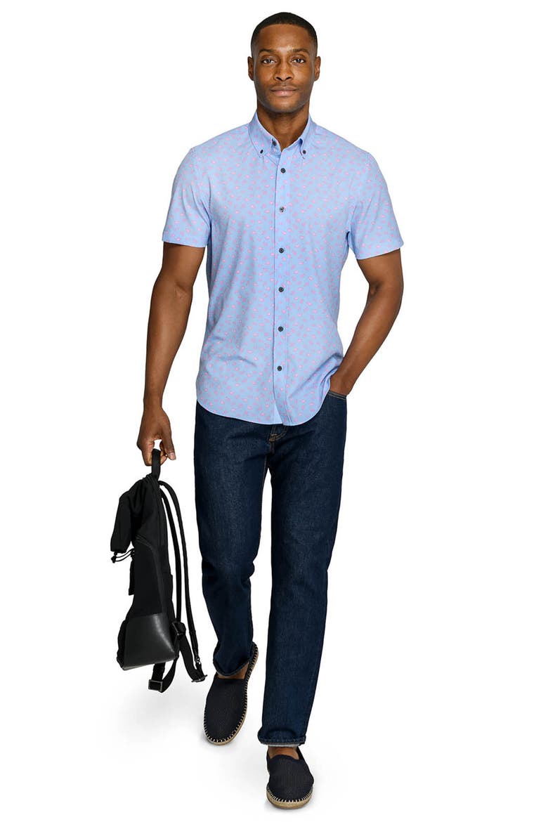 Slim Fit Crustaceans Woven Short Sleeve Basic Shirt, Alternate, color, DENIM/PINK