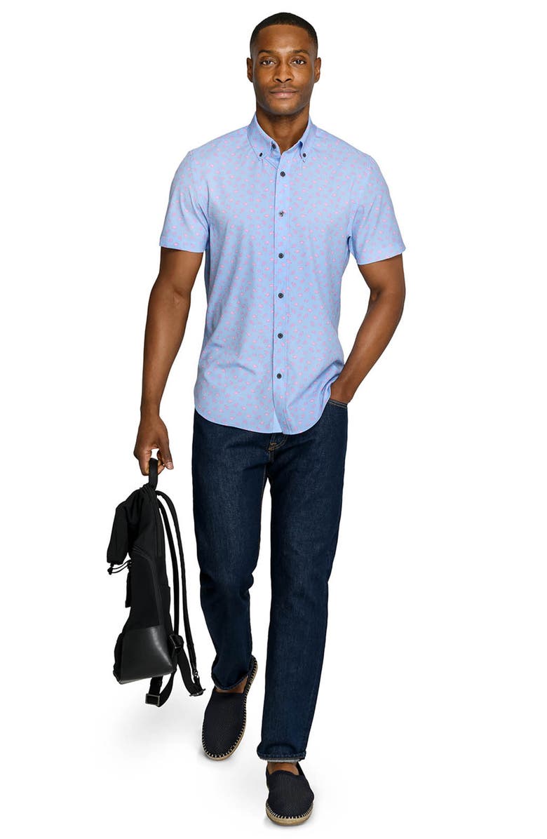 CONSTRUCT Slim Fit Crustaceans Woven Short Sleeve Basic Shirt, Alternate, color, Denim/Pink