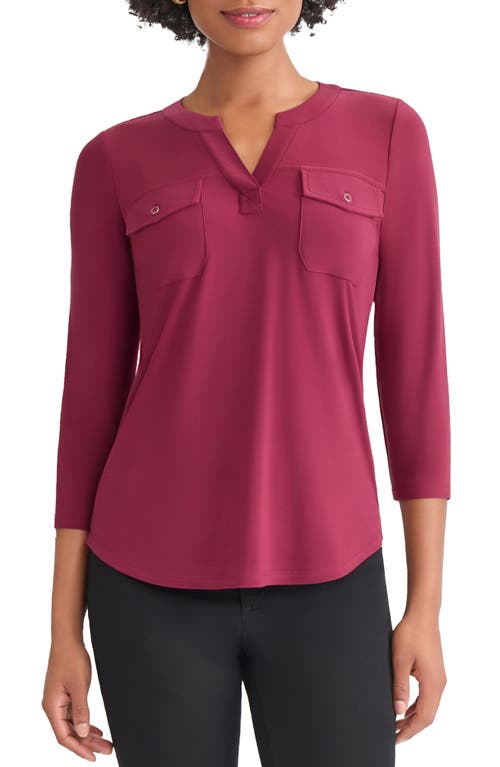 Jones New York Patch Pocket Crepe Popover Top In Burgundy
