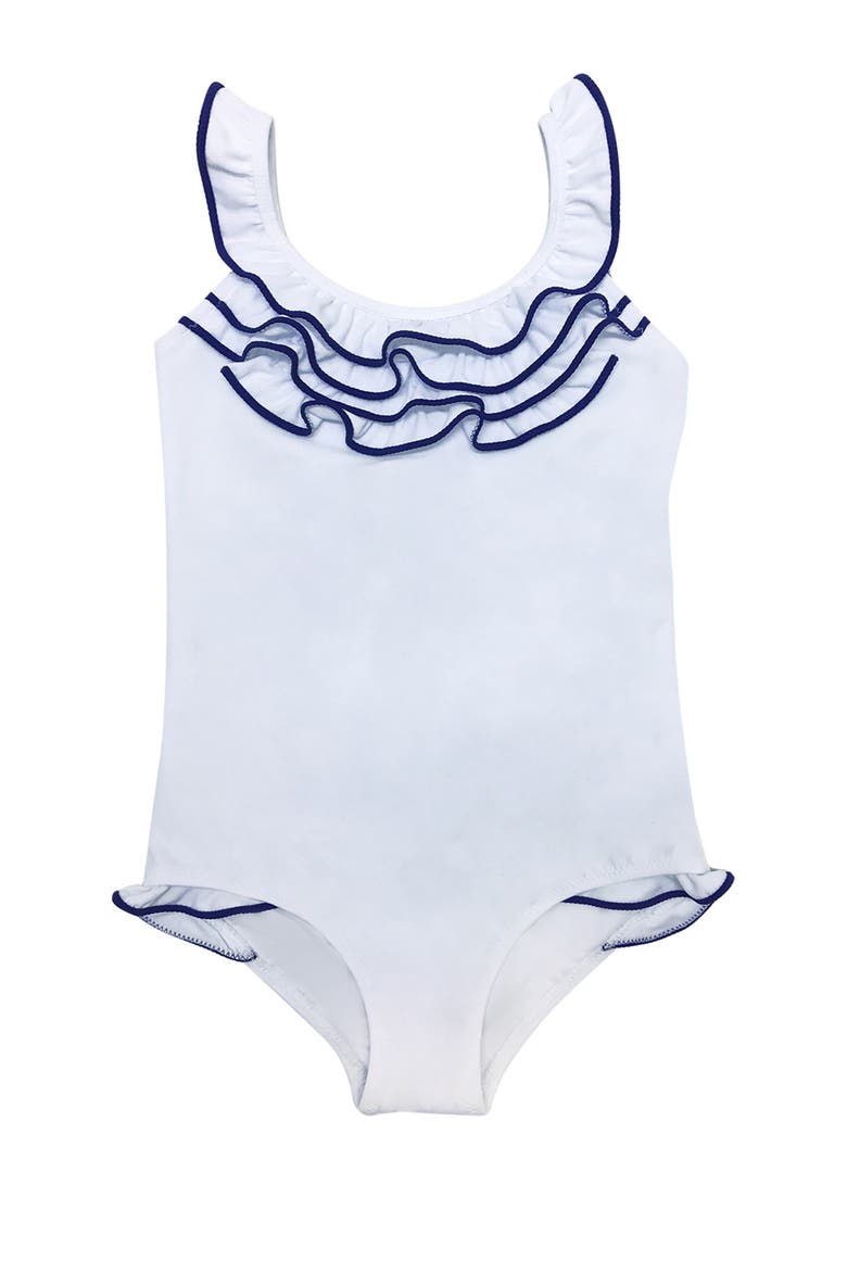 Trim Tiered Ruffle One-Piece Swimsuit, Toddler, Little Kid & Big Kid, Main, color, White
