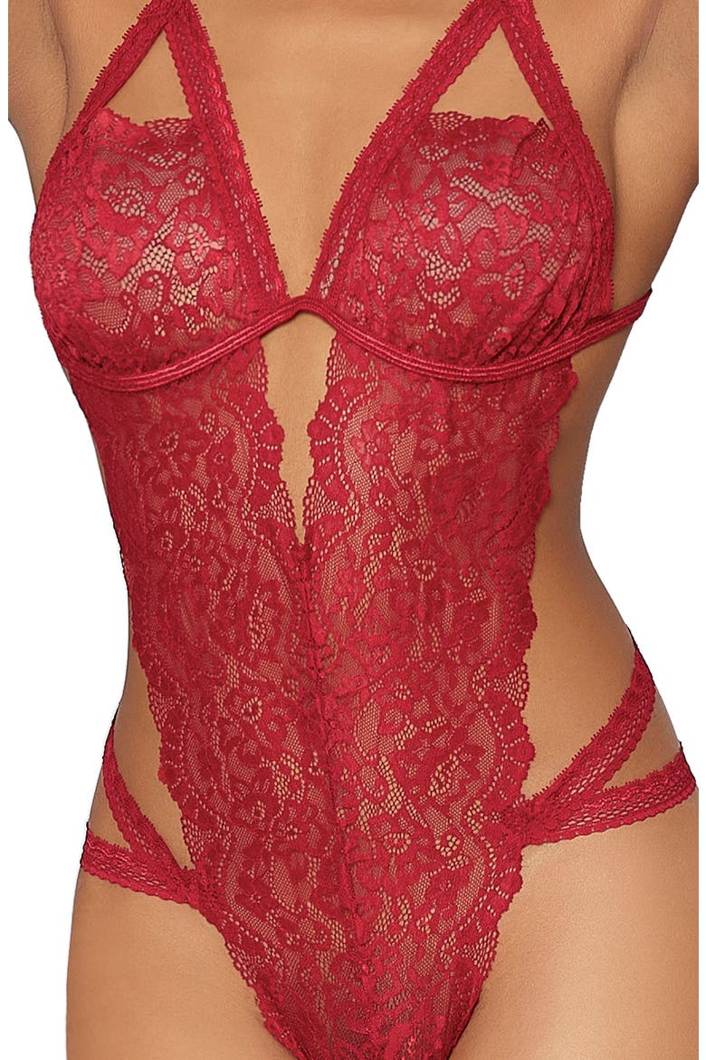 Strappy Open Gusset Galloon Lace Teddy, Alternate, color, GARNET
