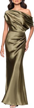 Betsy & Adam One-Shoulder Satin Gown