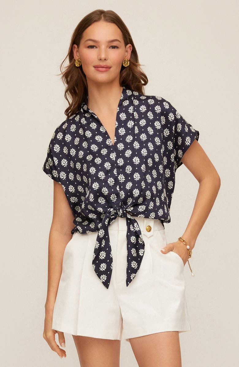 FIFTEEN TWENTY Maria Print Tie Front Top, Alternate, color, Navy Print