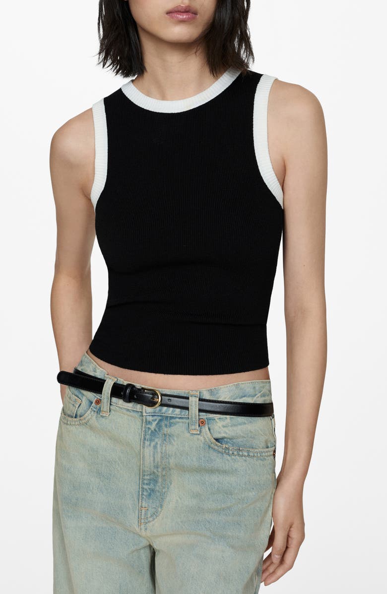MANGO Contrast Piping Rib Tank Top, Main, color, Black