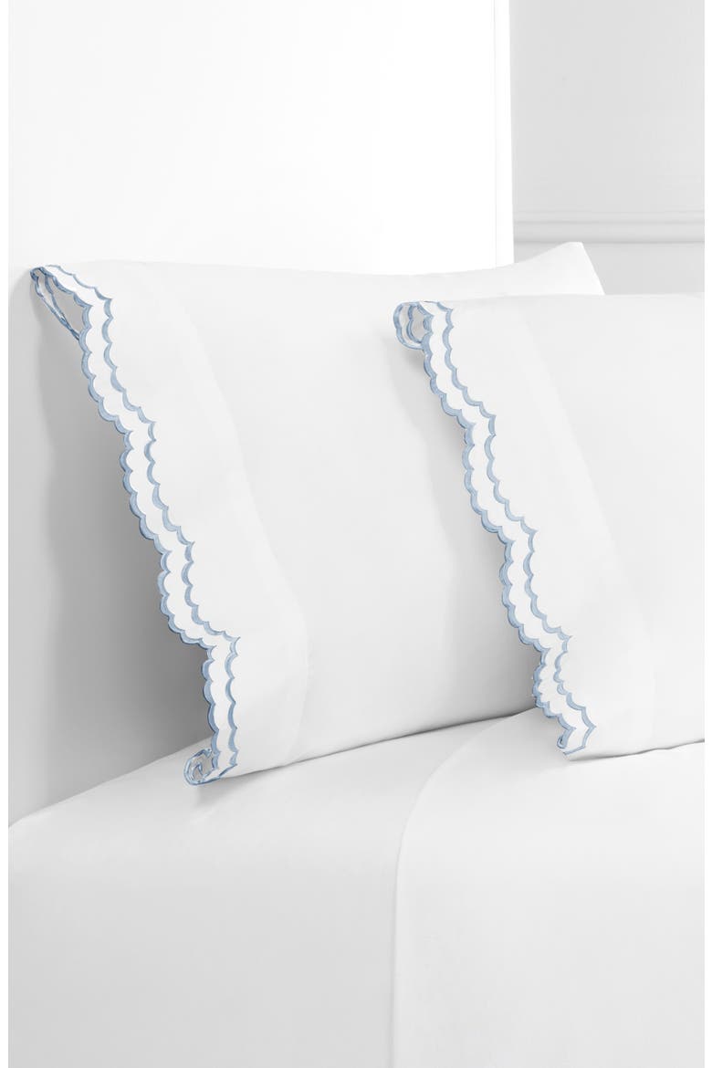 Set of 2 Double Scallop Embroidered 300 Thread Count Cotton Pillowcases, Alternate, color, BLUE