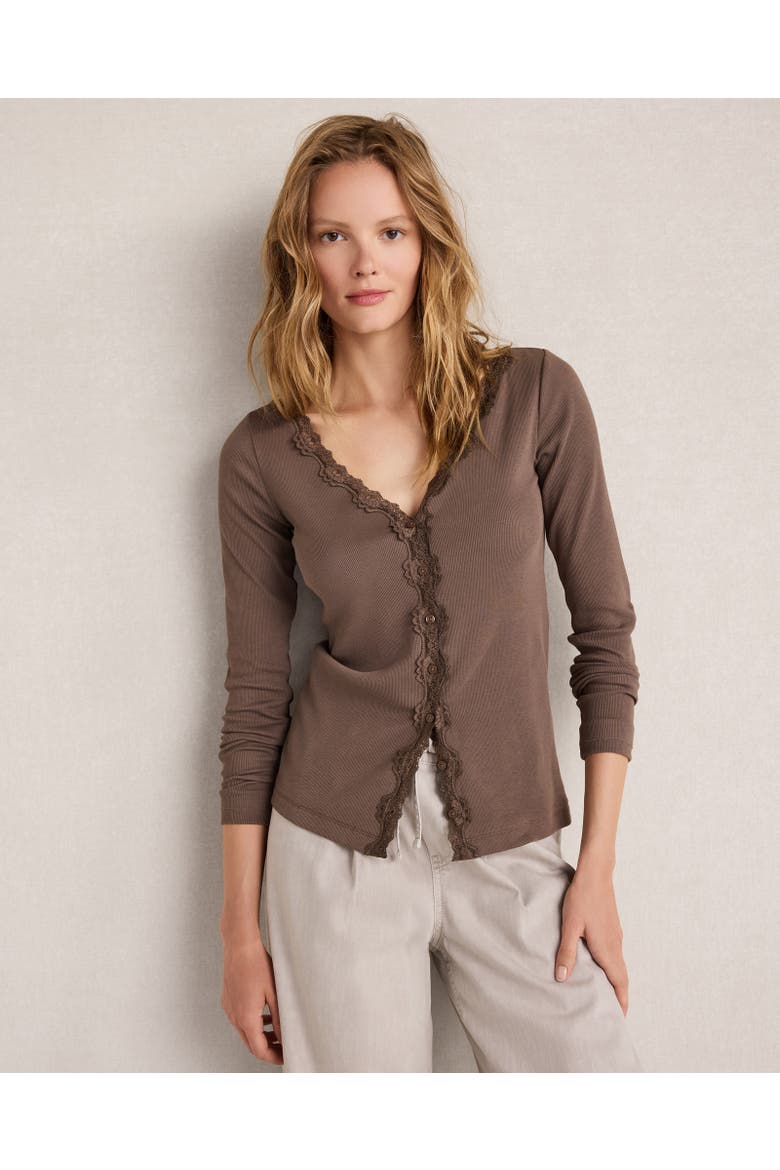 Organic Cotton Rib Knit Lace Cardigan, Main, color, Deep Mocha