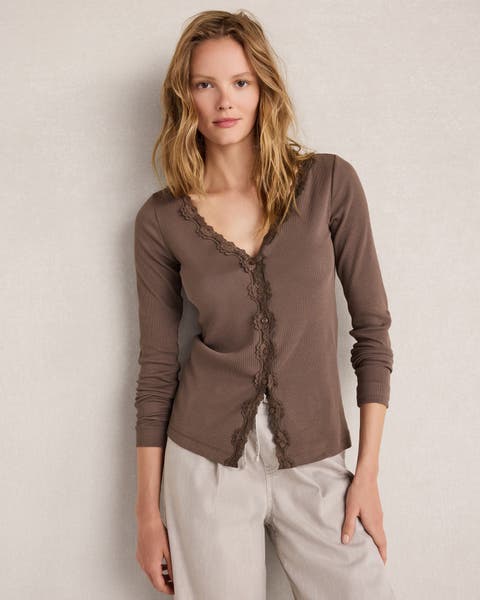 Organic Cotton Rib Knit Lace Cardigan