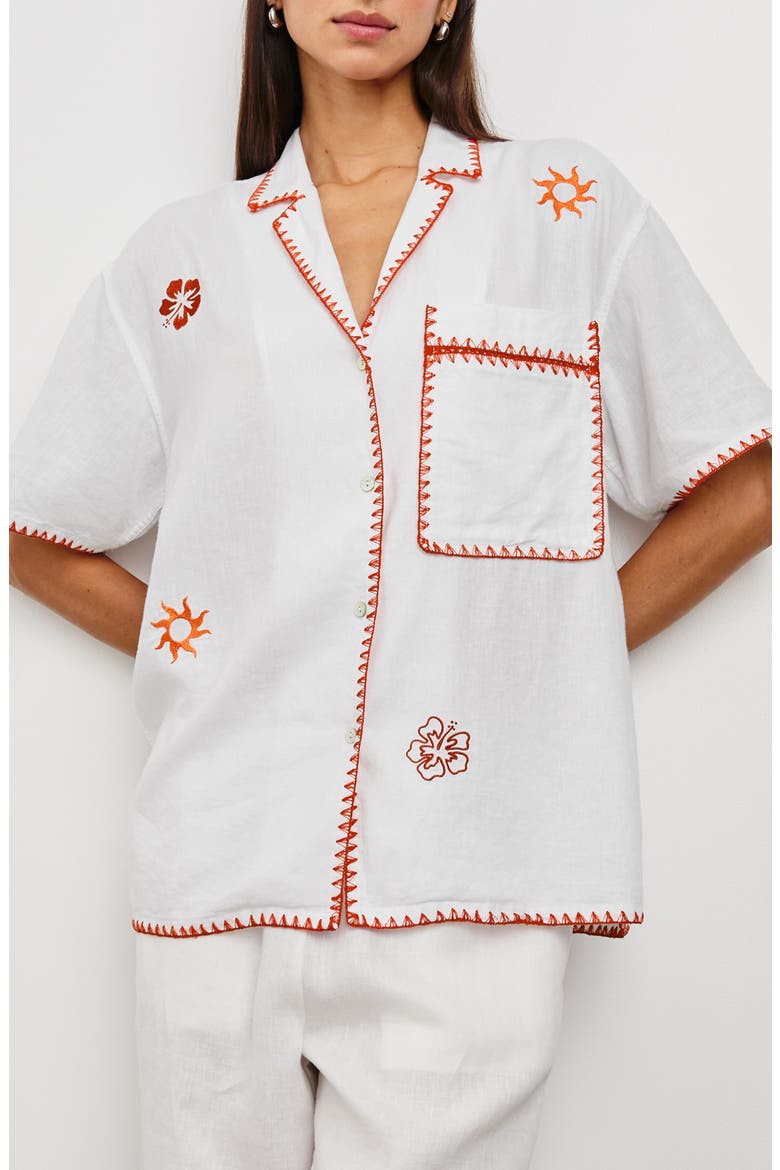 Island Embroidered Linen Blend Camp Shirt, Main, color, WHITE
