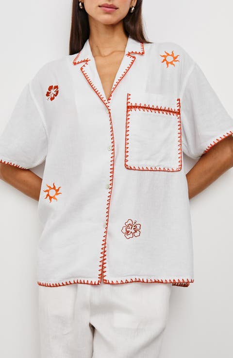 Island Embroidered Linen Blend Camp Shirt