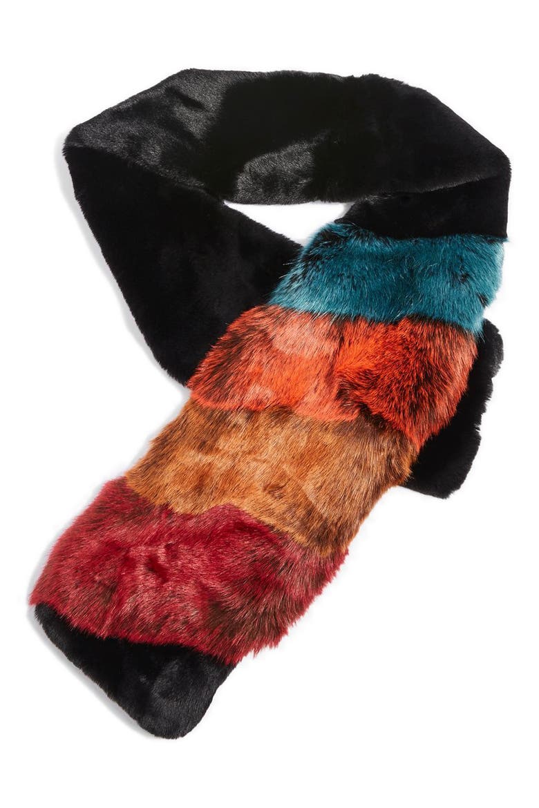 Colorblock Faux Fur Scarf, Alternate, color, BLACK MULTI