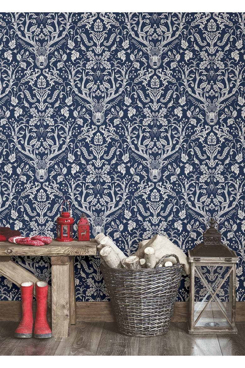 Navy Escape to the Forest Peel & Stick Wallpaper, Alternate, color, BLUE