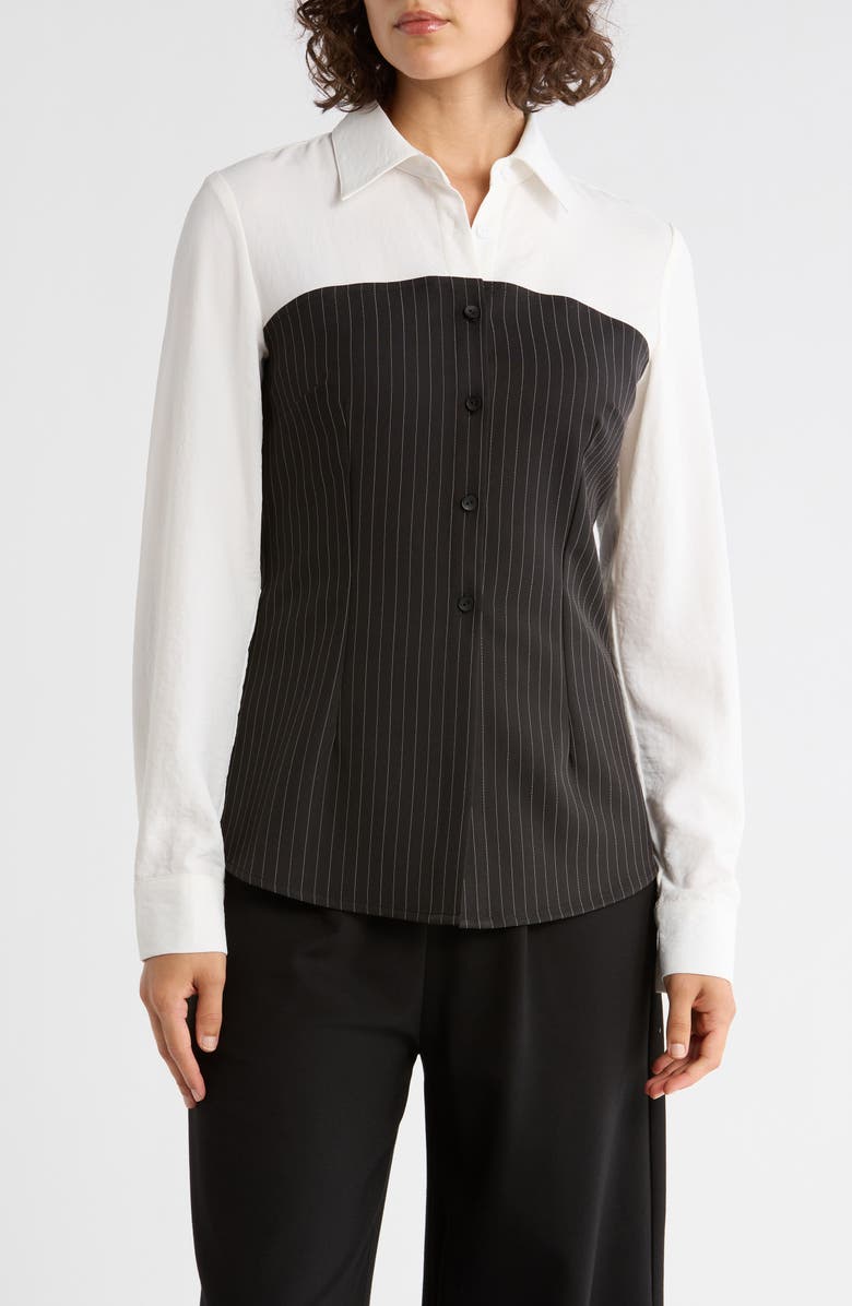 PATRIZIA LUCA Pinstripe Twofer Button-Up Shirt, Main, color, Black