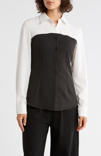 Patrizia Luca Pinstripe Twofer Button-up Shirt In Black