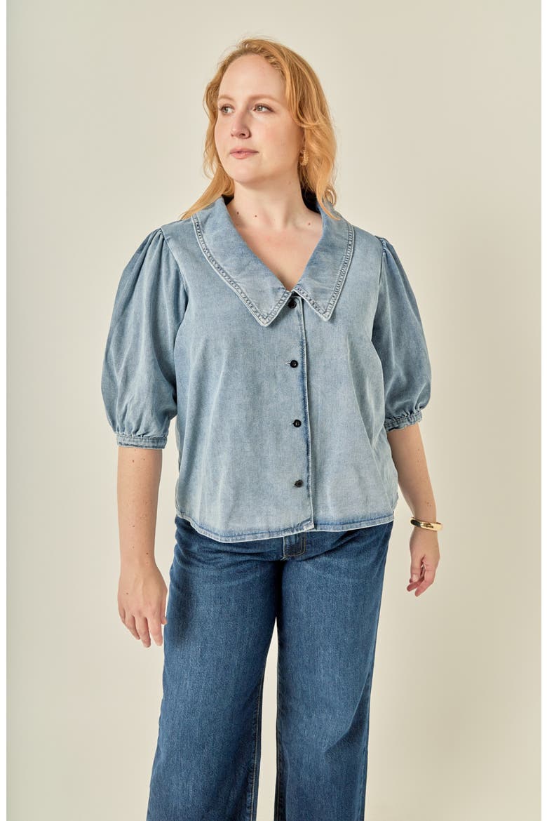 Puff Shoulder Denim Shirt, Alternate, color, BLUE