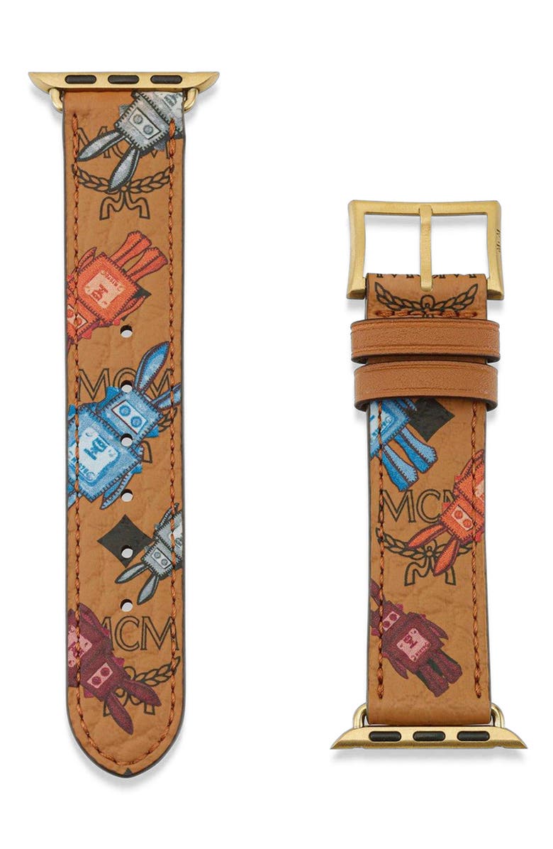 MCM 38-41mm Apple Watch Band in Rabot Visetos, Alternate, color, Cognac