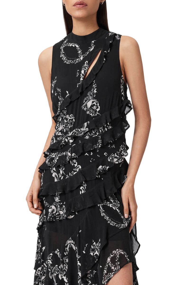 AllSaints Cady Bird Print Tiered Ruffle Dress, Alternate, color, Flight Black