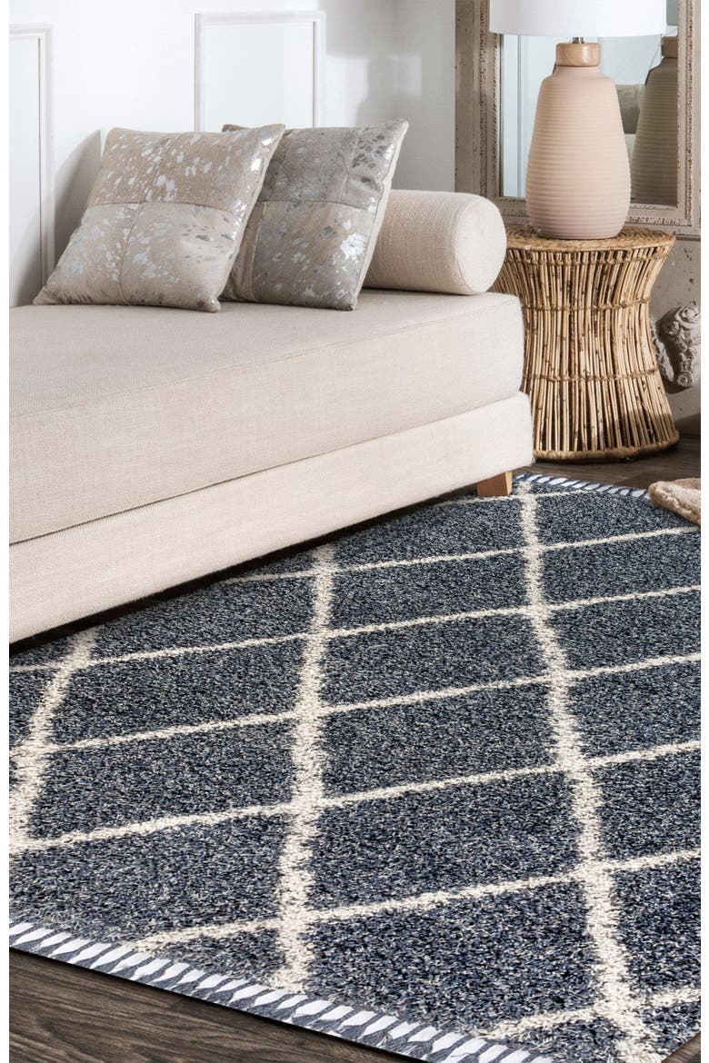 Mercer Shag Plush Tassel Moroccan Geometric Trellis Denim Area Rug, Alternate, color, Denim Blue/Cream