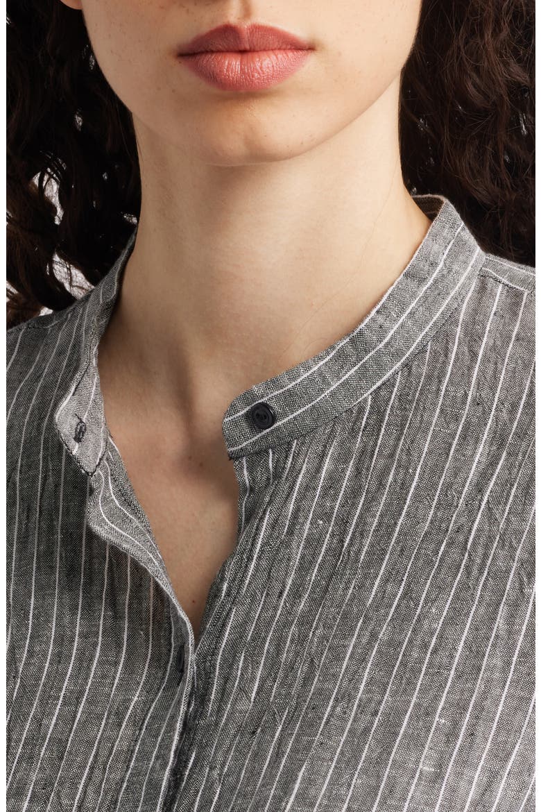 Mandarin Collar Organic Linen Button-Up Shirt, Alternate, color, BLACK/ WHITE
