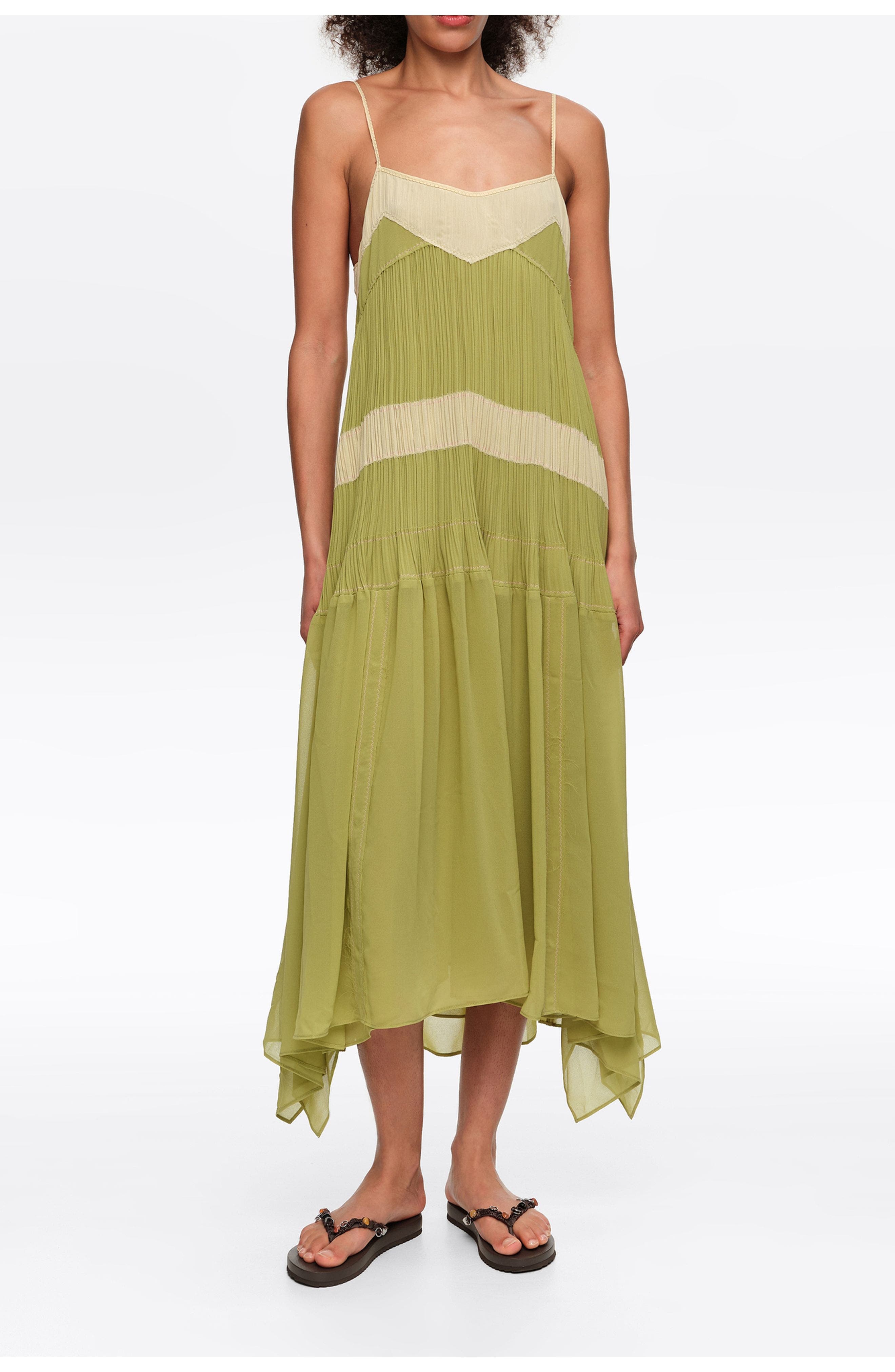 Two-Tone Pleated A-Line Strappy Dress