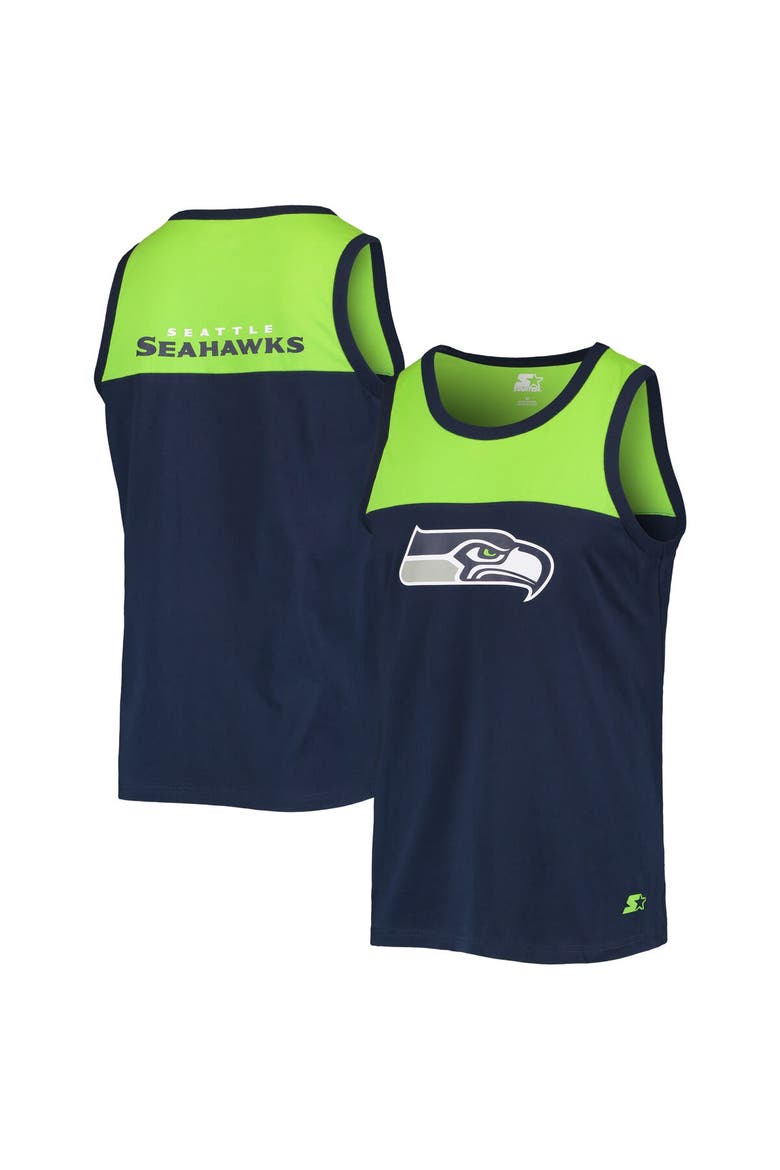 Men's Starter College Navy/Neon Green Seattle Seahawks Team Touchdown Fashion Tank Top, Main, color, Navy