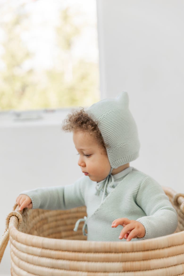 Garter Knit Wrap Cardigan Set with Bonnet, Alternate, color, Skylight