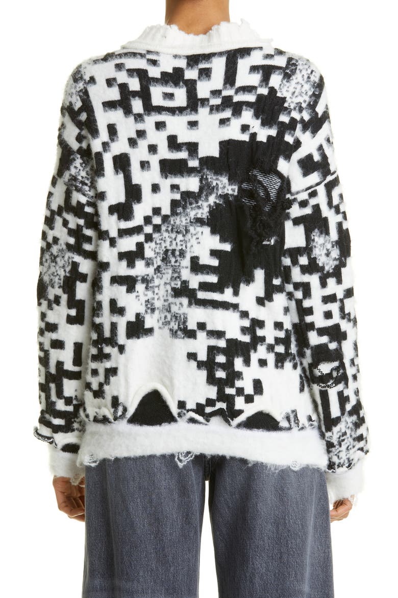 Gender Inclusive Oversize QR Code Jacquard Distressed Sweater, Alternate, color, WHITE/ BLACK
