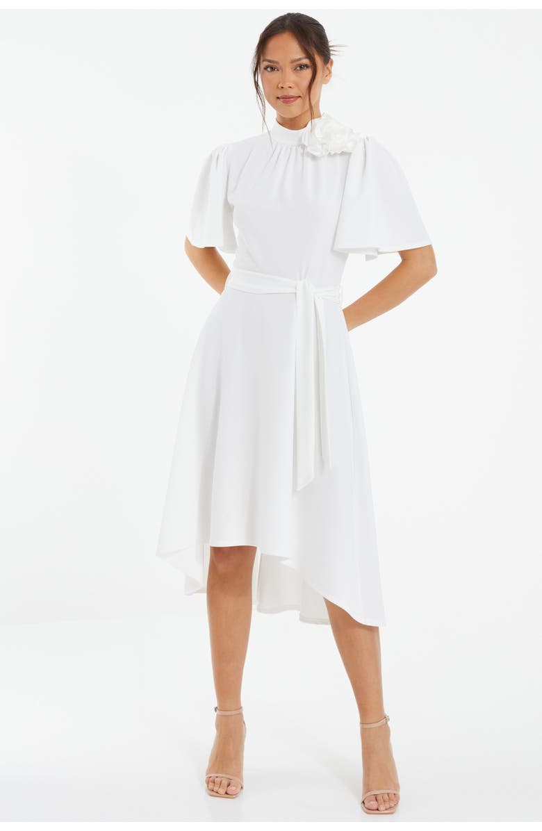 QUIZ Scuba Crepe Flower Detail Dip Hem Dress, Main, color, White