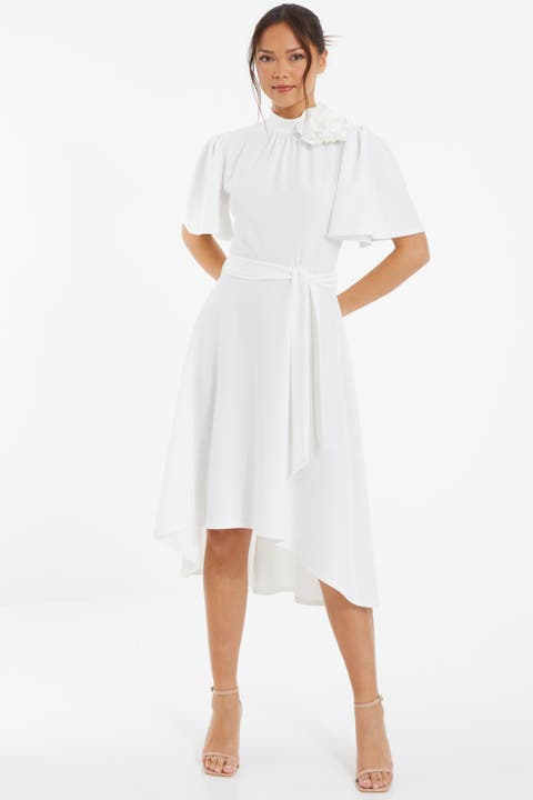 Scuba Crepe Flower Detail Dip Hem Dress