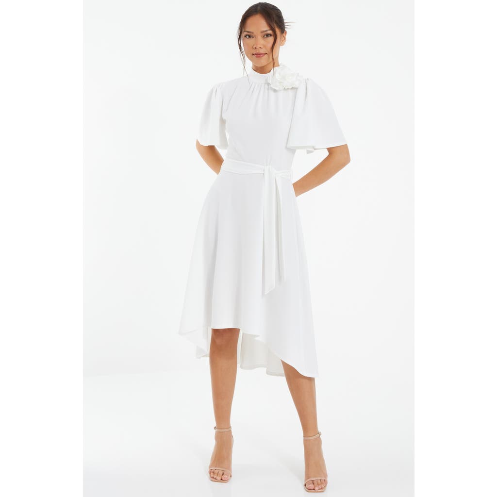Quiz Scuba Crepe Flower Detail Dip Hem Dress In White