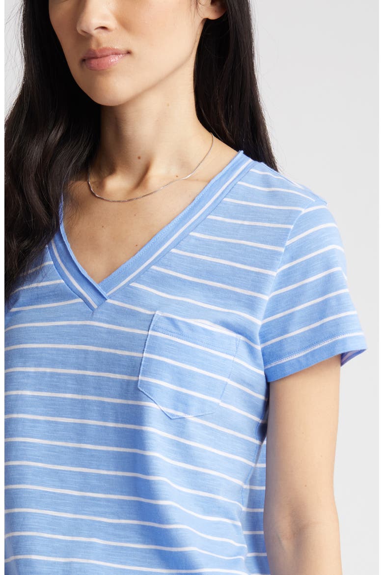 V-Neck Short Sleeve Pocket T-Shirt, Alternate, color, BLUE- WHITE JULIA STRIPE