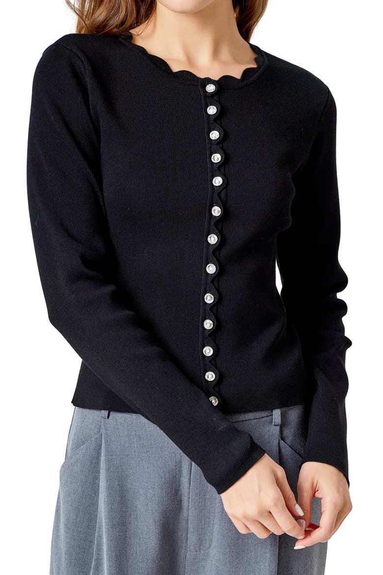 Scalloped Cardigan, Alternate, color, BLACK