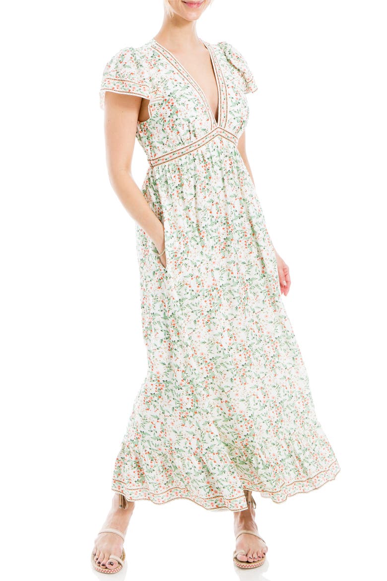 Floral Flutter Sleeve Maxi Dress, Alternate, color, CREAM