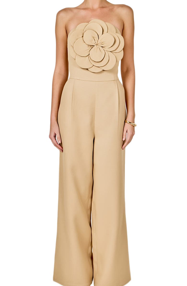 Endless Rose Floral Appliqué Strapless Jumpsuit, Alternate, color, Tan