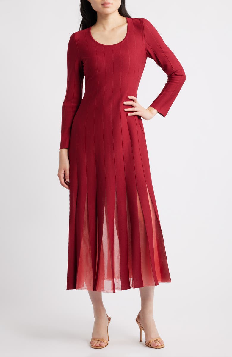 Misook Fit & Flare Long Sleeve Dress, Main, color, Scarlet Red