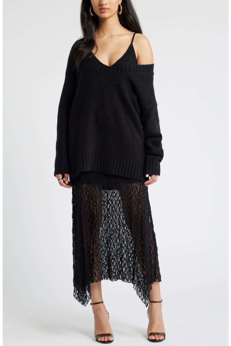 Lace Midi Dress, Alternate, color, BLACK